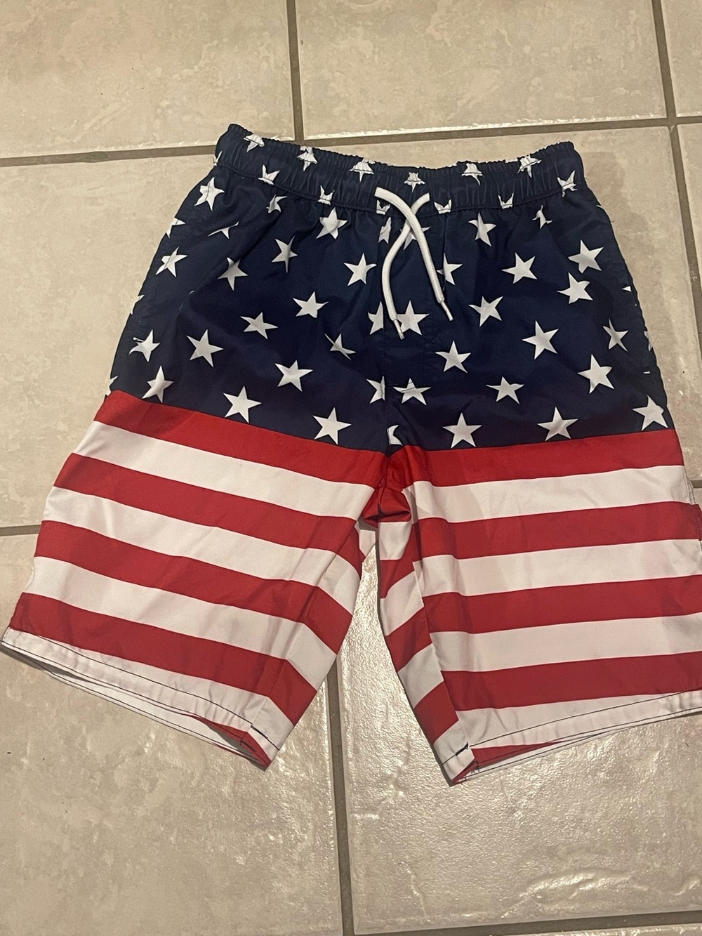 Kids Patriotic Star & Stripe Swim Shorts - Navy Blue, Red,‎ White Size 14